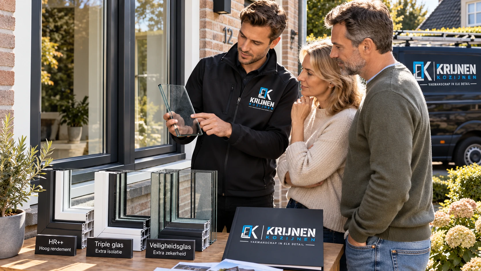 Adviseur toont HR++ en triple-glasmonsters aan bewoners bij de woning