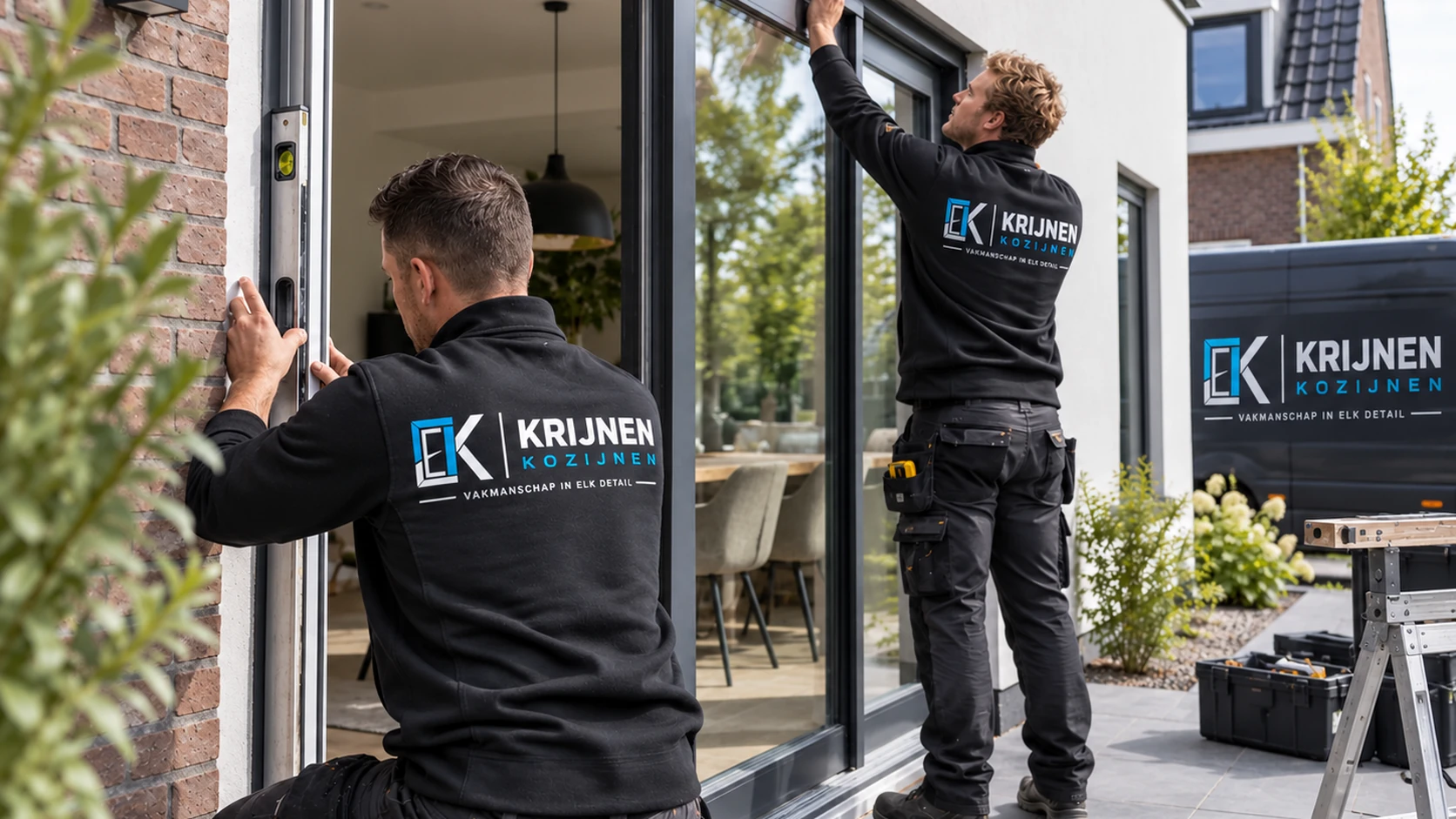 Twee monteurs van Krijnen Kozijnen plaatsen een schuifpui waterpas in de achtergevel