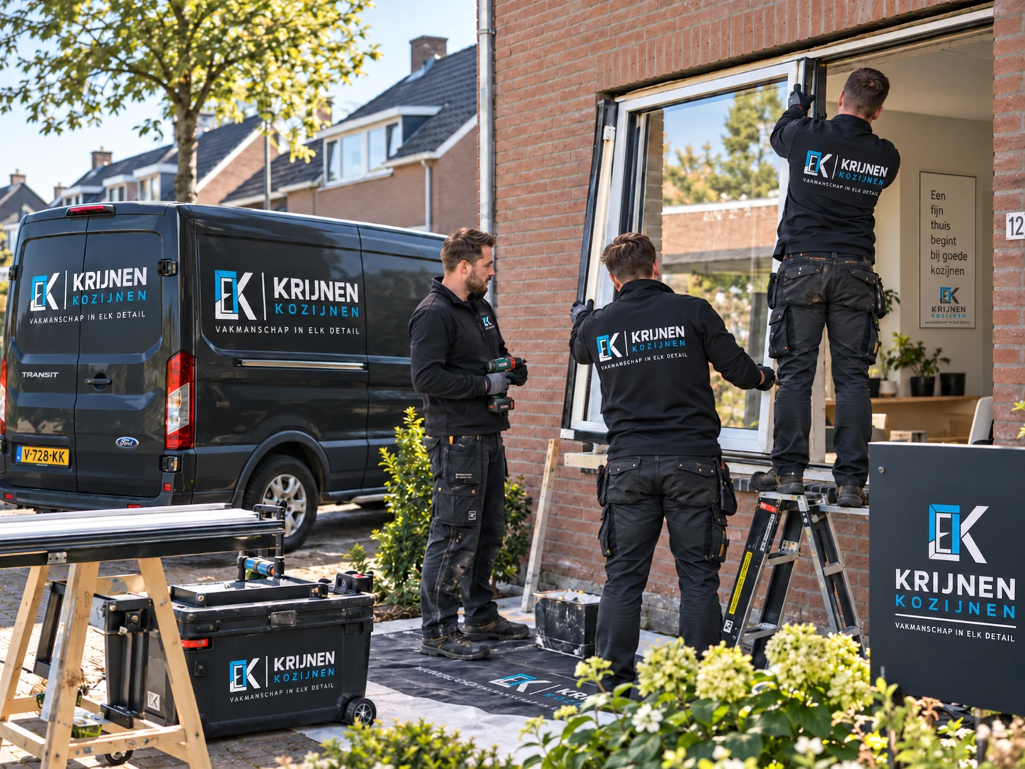 Drie monteurs van Krijnen Kozijnen vervangen een kozijn in een bakstenen gevel