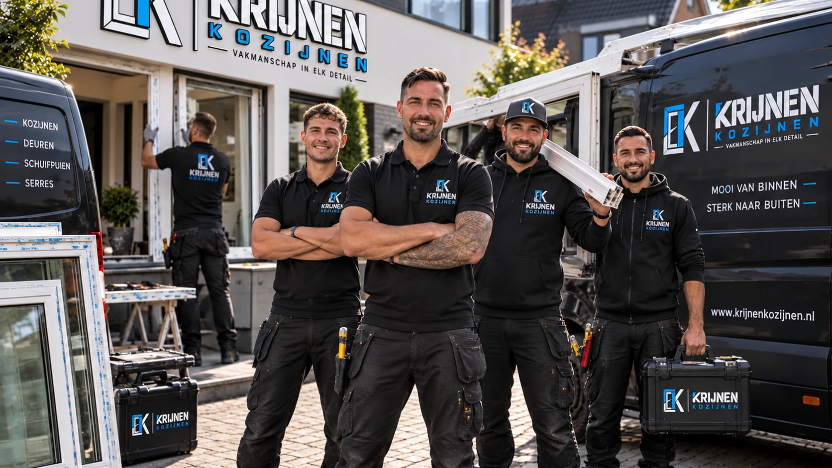 Het team van Krijnen Kozijnen bij de bedrijfsbussen en kozijnen, met branding op gevel en bus